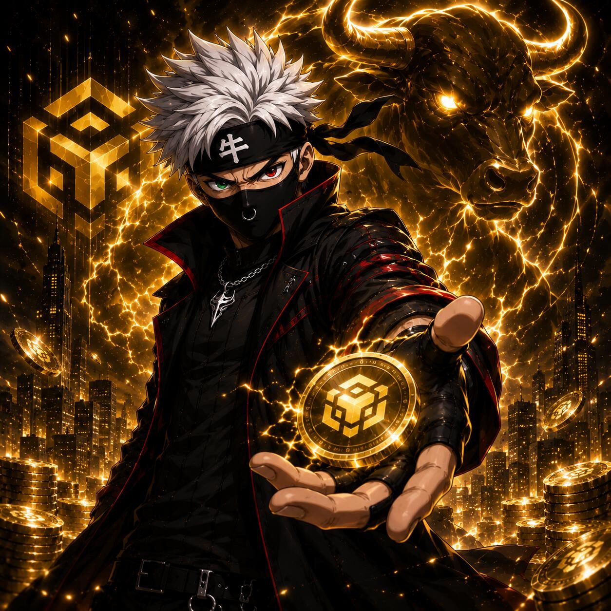 The Binance Bull throwing a glowing BNB coin, golden bull spirit rising behind him