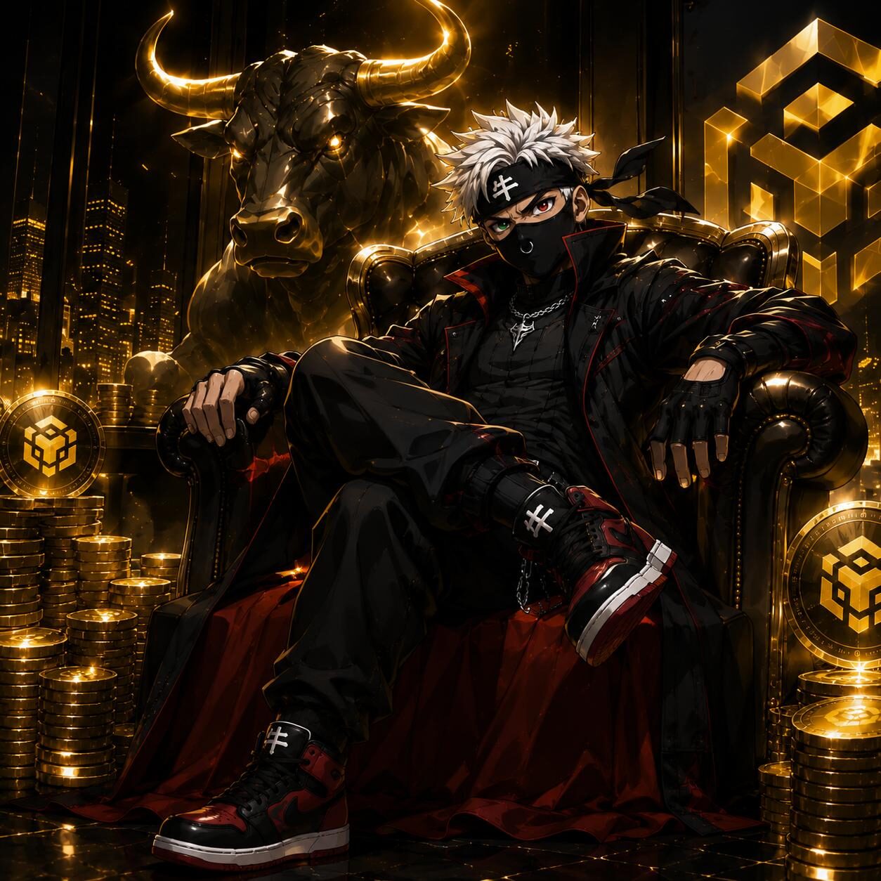 The Binance Bull seated on a golden throne surrounded by stacked BNB coins